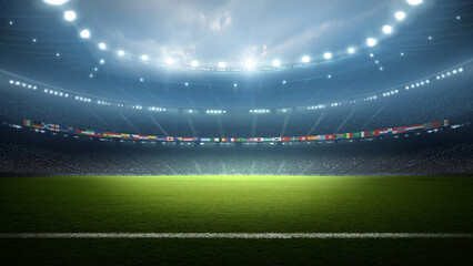 Fototapeta premium Football stadium with national flags at night. An imaginary stadium is modelled and rendered.