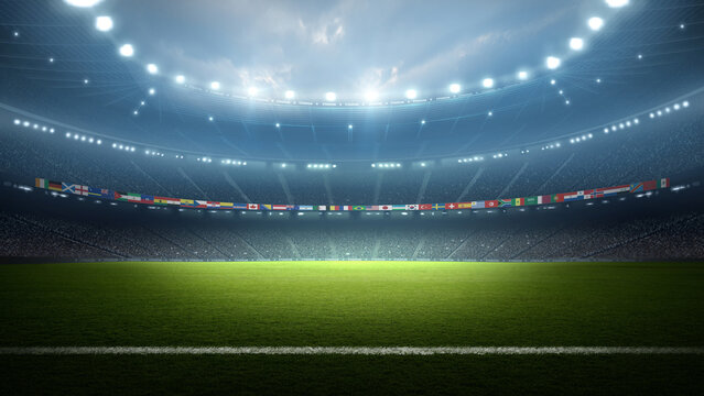 Football stadium with national flags at night. An imaginary stadium is modelled and rendered.