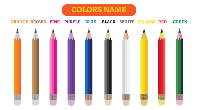 Vibrant colors name educational pencil chart for kids learning.