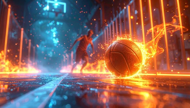 a basketball player in action with a fiery ball.