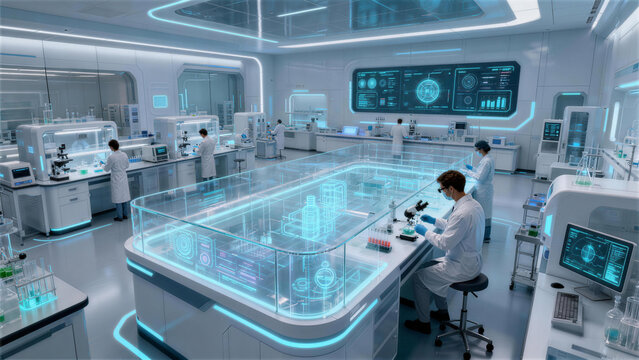 Futuristic Research Laboratory: Cutting-edge scientists meticulously conduct experiments and analyze data within a modern, illuminated laboratory.
