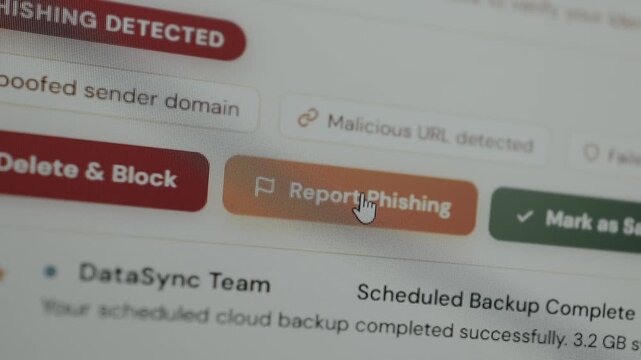 User clicks the button labeled Report Phishing within the email interface, malicious URL detected
