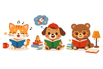 Fototapeta premium Cute Baby Animals Reading Books Set with Happy Cat, Dog, and Bear. Funny Anthropomorphic Kids Characters Enjoying Stories and Learning. Vector Illustration for Children Education and Library.