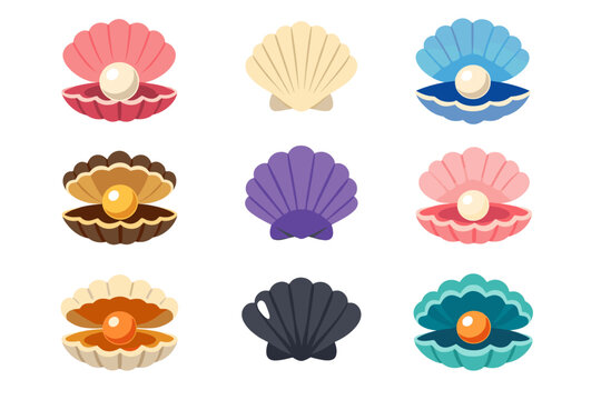 Set of Flat Vector Icons Featuring Colorful Clam Shells and Oysters with Pearls Inside. Marine-Themed Illustrations for Seafood, Ocean Nature, and Jewelry Design. Scallop Shell Collection Set.