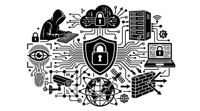 Cybersecurity Concept - Hacker, Cloud, Server, Laptop, Firewall, Icons