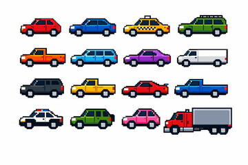 Naklejka premium Gallery of 16 Multi-Hued Low-Resolution Motorized Vehicles. Vintage Console Aesthetic Depicting Cabs, Patrol Cruisers, Delivery Vans, Flatbeds, and Haulers for Digital Interfaces.