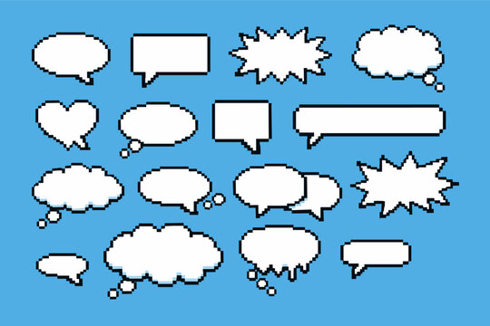 Pixel Art Speech and Thought Bubbles Collection. Set of 8-bit Retro Game Style Chat Clouds, Comic Shout Boxes, and Message Icons for Gaming, Social Media, and Web Design. Vector Illustration.