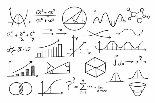 Hand-drawn collection of mathematical equations, geometric diagrams, and scientific formulas on white background. Includes algebra, calculus, physics, chemistry, and statistics doodle sketches for