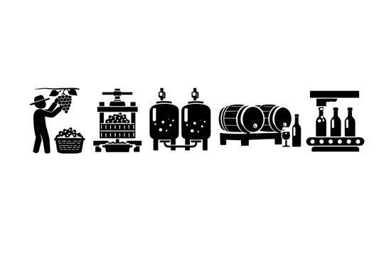 Winemaking Process Icons Set Featuring Grape Harvesting, Pressing, Fermentation Tanks, Aging in Oak Barrels, and Bottling Line. Vector Illustration of Professional Wine Production Stages.