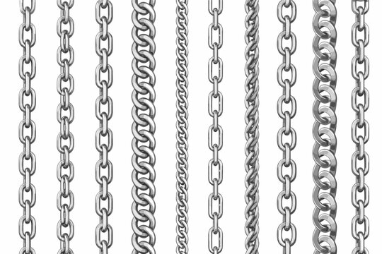 Set of silver chain seamless borders with vertical metal links. Polished steel pattern brushes for jewelry, marine, and industrial design. Chrome metallic link collection on white background.