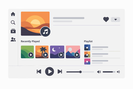 Modern Music Streaming App Interface Mockup Template with Playback Controls, Playlist, and Recently Played Sections. Flat Vector Illustration of a Digital Audio Player Dashboard UI Design.
