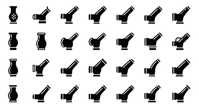 Black pipe fitting icons, plumbing symbols, 25 pipe connectors, industrial valves, vector illustrations