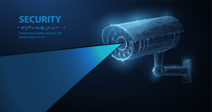 Security camera. Vector low pole illustration. Isolated on blue. Security system, smart home, cctv concept.