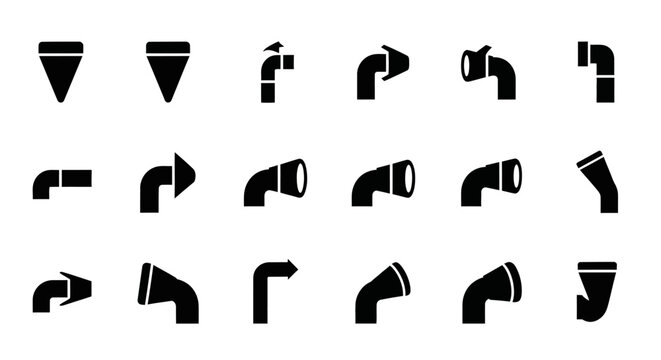 20 Black Pipe Fitting Icons, Plumbing Symbols, Vector Plumbing Elements, Pipe Connection Signs