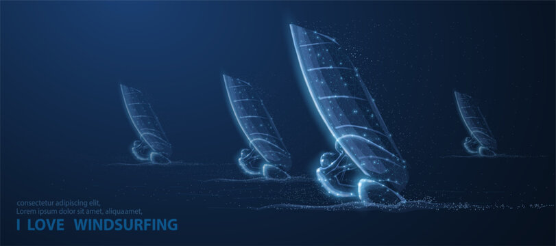 Windsurfing. Man on sailboard surfing on the sea. Extremal sport activity, sailing windsurf, vacation on ocean, outdor adventure, fun rest, speed and power concept. Abstract low pole illustraition.