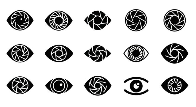 Camera Lens Eye Icons, Black and White Vector Graphics, Photography Symbols, 16 Eye Camera Lens Icons Set