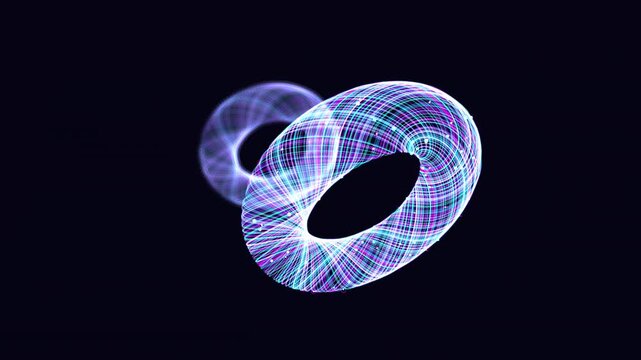 Two entangled magnetic toroids drifting in an endless mathematical animation. Ideal for VJ loops, scientific documentaries, UI backgrounds, and medical presentations.