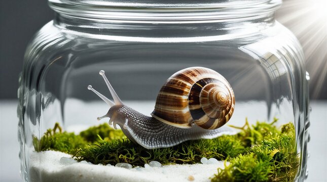 Macro view of a detailed garden snail with its brown shell inside a clean glass jar terrarium with moss.