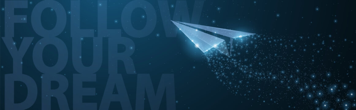 Follow your dreams. Paper airplane with Motivational slogan on dark blue with dots and stars. Dream, freedom, inspiration and positive illustration or background. Journey symbol. Shirt print.