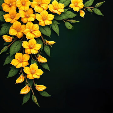 Yellow konna flowers bloom on dark background. Konna flower branches with green leaves and buds create a festive corner design. Use for Vishu Indian holiday greeting cards.