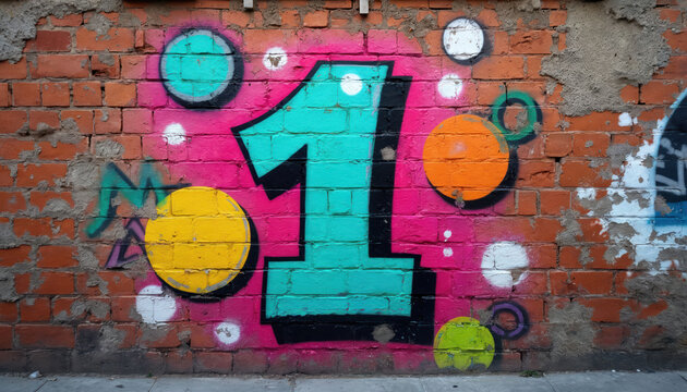 Bold turquoise number one graffiti art sprayed on pink brick wall. Abstract circles in yellow orange white, green surround digit. Urban street art features weathered textured background. Modern
