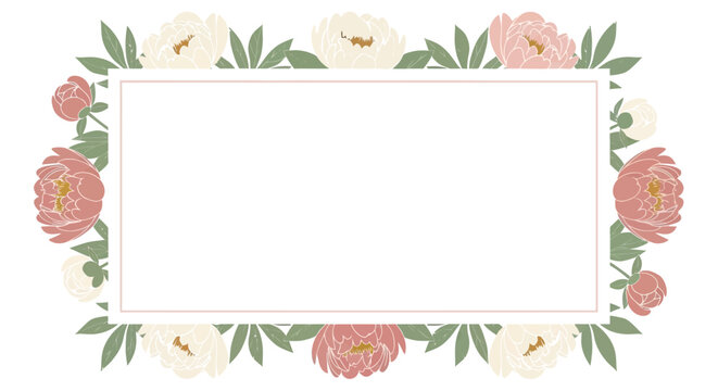 A beautiful floral frame with pink and cream peonies, perfect for invitations or decorative use