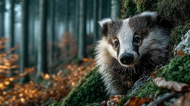 European badger cautiously emerging from moss covered burrow in twilight forest images