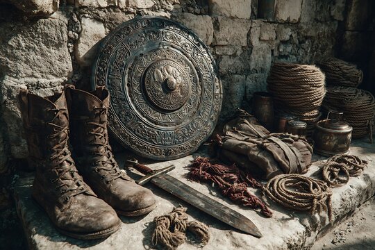 Flat lay spread of historical items including bronze shield scrolls and helmet images