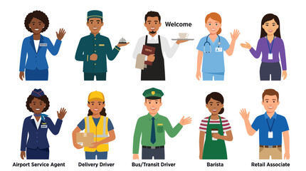 Fototapeta premium Diverse professions represented by diverse characters in a flat illustration style.
