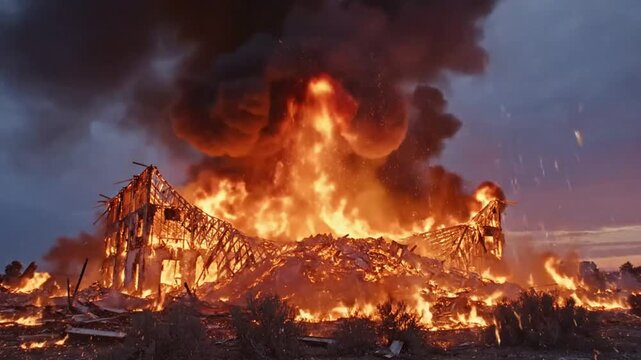 Epic Blaze: Cinematic Footage of a Building Exploding in Flames with Dramatic Clouds and Fire Sparks at Dusk
