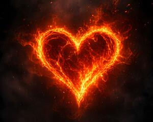 Fototapeta premium A glowing fiery heart made of swirling flames floating in a dark smoky background