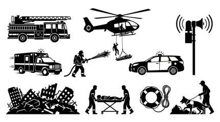 Obraz premium Emergency Services, Disaster Relief Public Safety Rescue Black White Glyph Icons Set