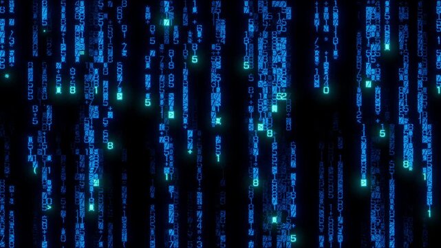 High-Resolution Grid of Code Cascading Downwards. Neon Blue Machine Learning Background. Seamless Loop.