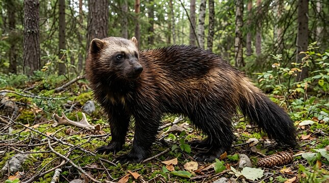 Wild wolverine standing in lush green forest environment