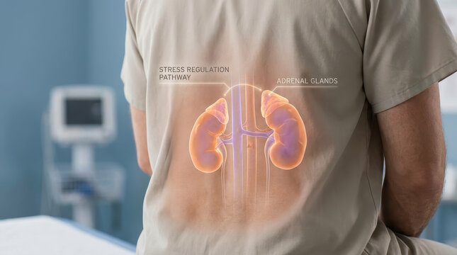 Adrenal gland kidney endocrine system hormone stress anatomy medical healthcare men hormonal balance concept with patient hospital room showing adrenal gland and kidney illustration for stress