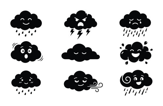 Set of 9 Black Cloud Icons with Diverse Emotions and Weather Effects, Vector Graphics for Weather Forecasts and Mood Illustrations