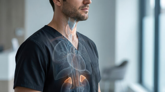Medical hormone endocrine thyroid adrenal men doctor anatomy health men hormonal balance concept with male doctor hospital corridor showing transparent endocrine anatomy overlay including thyroid