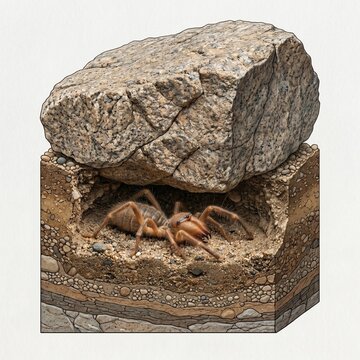 Detailed Cutaway Illustration Of A Desert Solifugae Resting In Its Underground Burrow Underneath A Rocky Outcrop