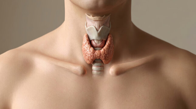 Thyroid gland neck endocrine system hormone anatomy medical men hormonal balance concept showing thyroid gland human neck with larynx and trachea for healthcare education and endocrine function