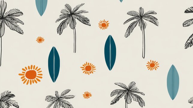 8.Minimalist tropical repeat pattern featuring hand-drawn palm leaves, curved surfboards, and simple sun motifs, arranged in rhythmic geometric flow on a clean, modern background.