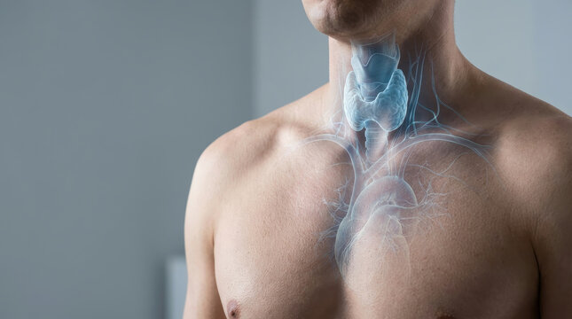 Thyroid endocrine hormone neck gland male anatomy health medical men hormonal balance concept with male torso showing transparent thyroid gland and endocrine system anatomy for healthcare