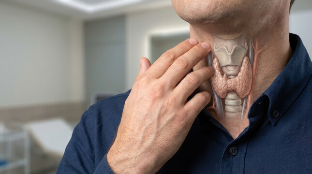 Thyroid neck hormone gland men hormonal balance healthcare anatomy man touching neck with thyroid gland anatomy overlay showing thyroid men hormonal balance and hormone health concept medical