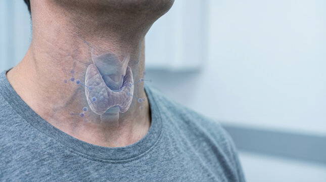 Thyroid neck man gland hormone health endocrine medical anatomy Close up neck with thyroid gland overlay for men hormonal balance health concept clinical setting showing endocrine anatomy