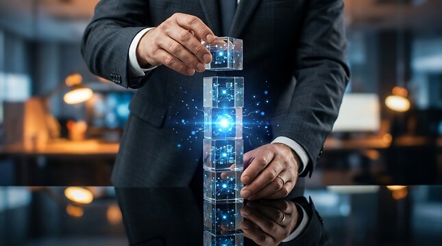 Businessman stacking transparent blocks with digital technology holograms representing blockchain and data integration in modern office setting