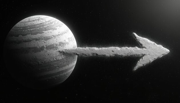 Metallic planet with textured arrow moves in deep space. Cosmic retrograde motion creates celestial path across dark universe. Stars twinkle, creating beautiful stellar visuals.