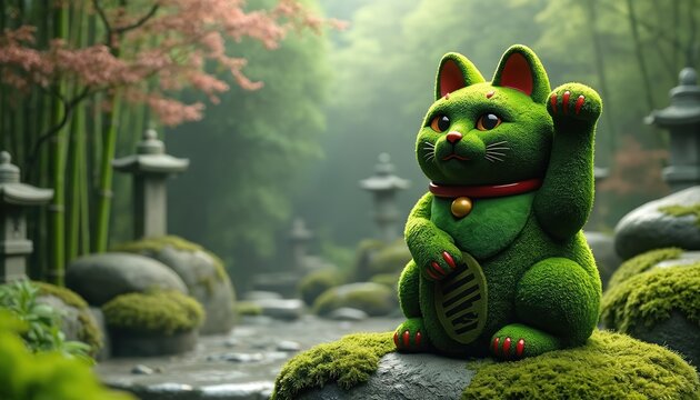Moss covered maneki neko cat sculpture sits in tranquil Japanese garden. Bamboo stalks and stone lanterns create serene Zen atmosphere. Lucky cat brings good fortune and prosperity.