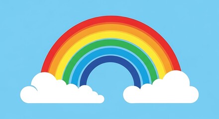 Naklejka premium Bright rainbow arc with fluffy white clouds against a clear blue sky background
