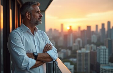 Obraz premium Mature businessman in white shirt looks at city skyline from office balcony at sunset. He pauses for coffee, reflecting on career success and company future. Time out allows thoughtful contemplation.