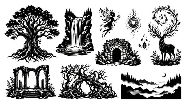 Black and White Vector Fantasy Elements: Tree, Waterfall, Fairy, Deer, Ruins