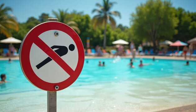 No diving allowed sign near pool. People swim in water on sunny day. Summer vacation at hotel resort with lounge chairs and umbrellas in background.